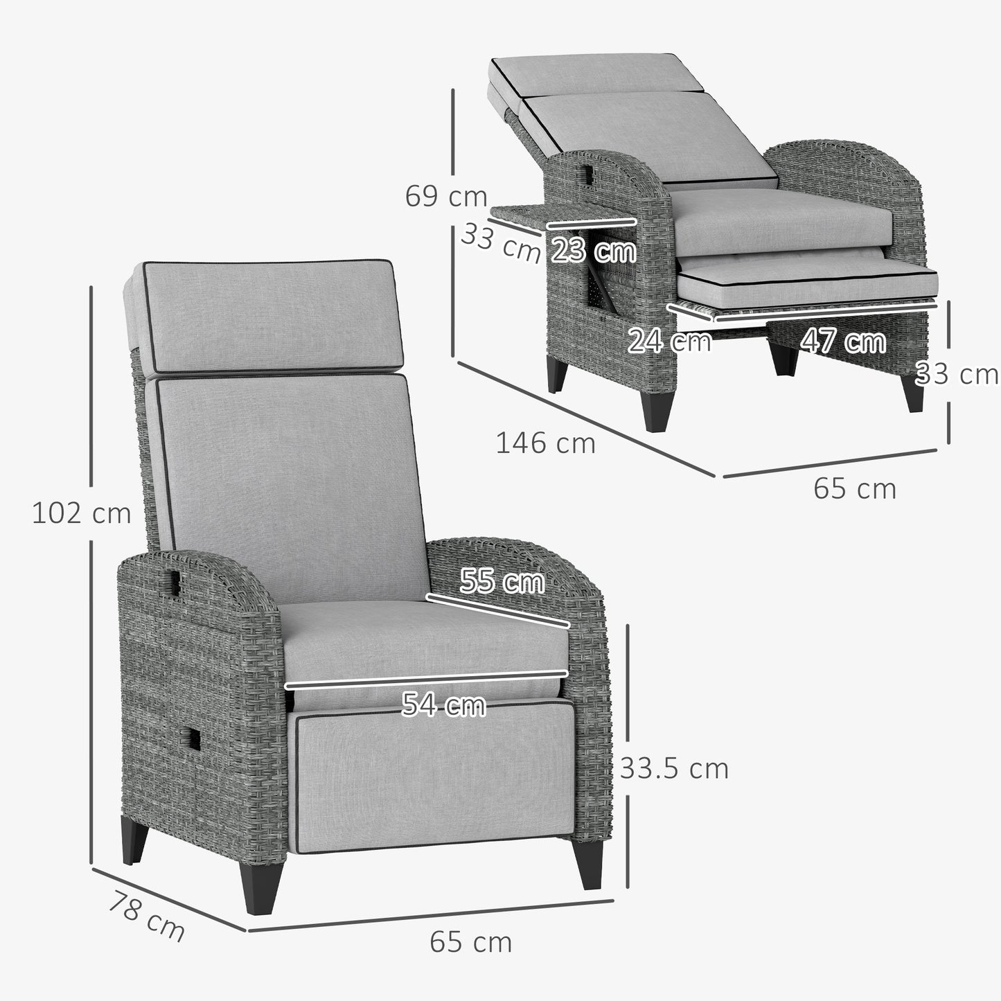 Vike Light Grey Outdoor Recliner Armchair with Side Tray