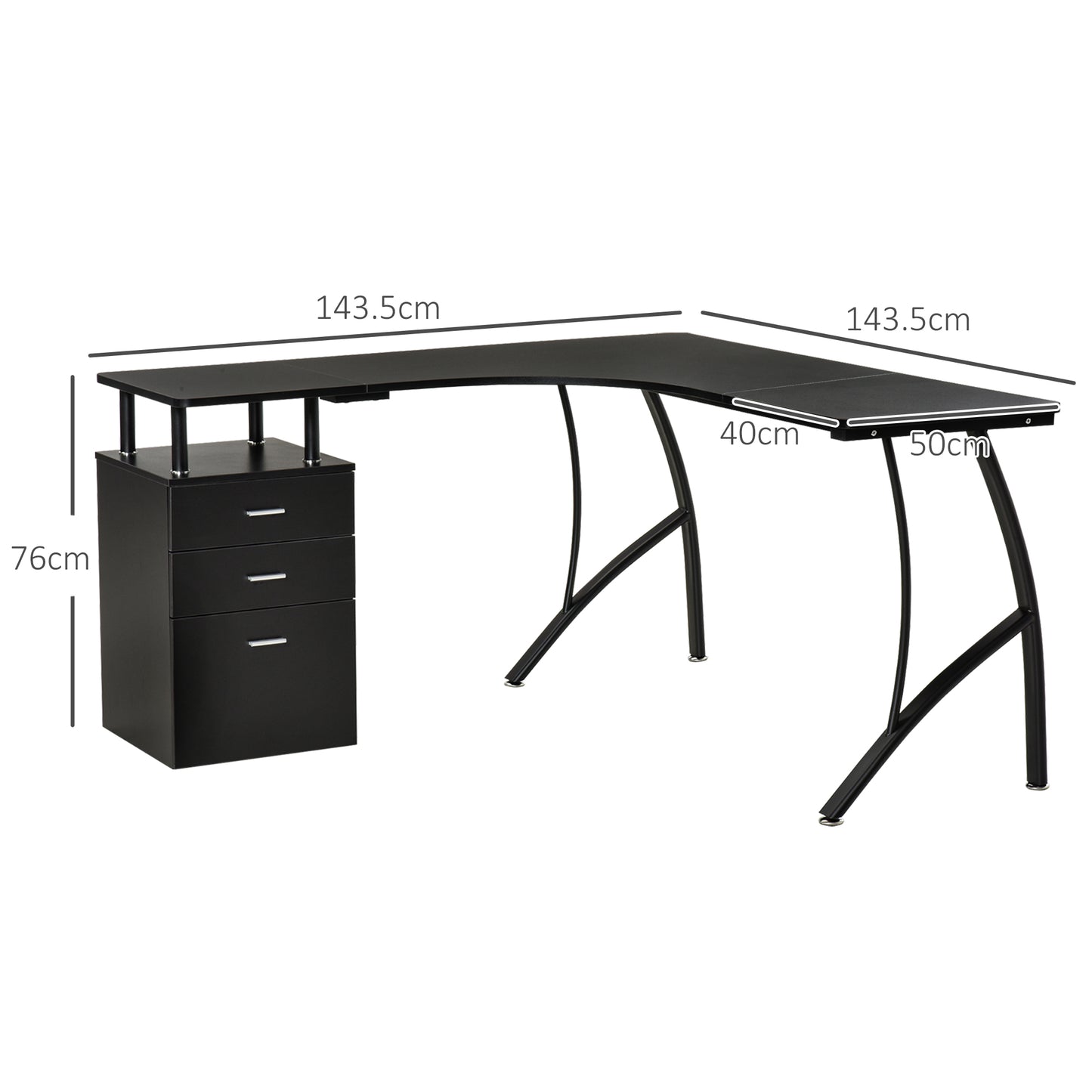 Keba 143cm Metal Black Industrial L Shaped Desk With Storage Drawer