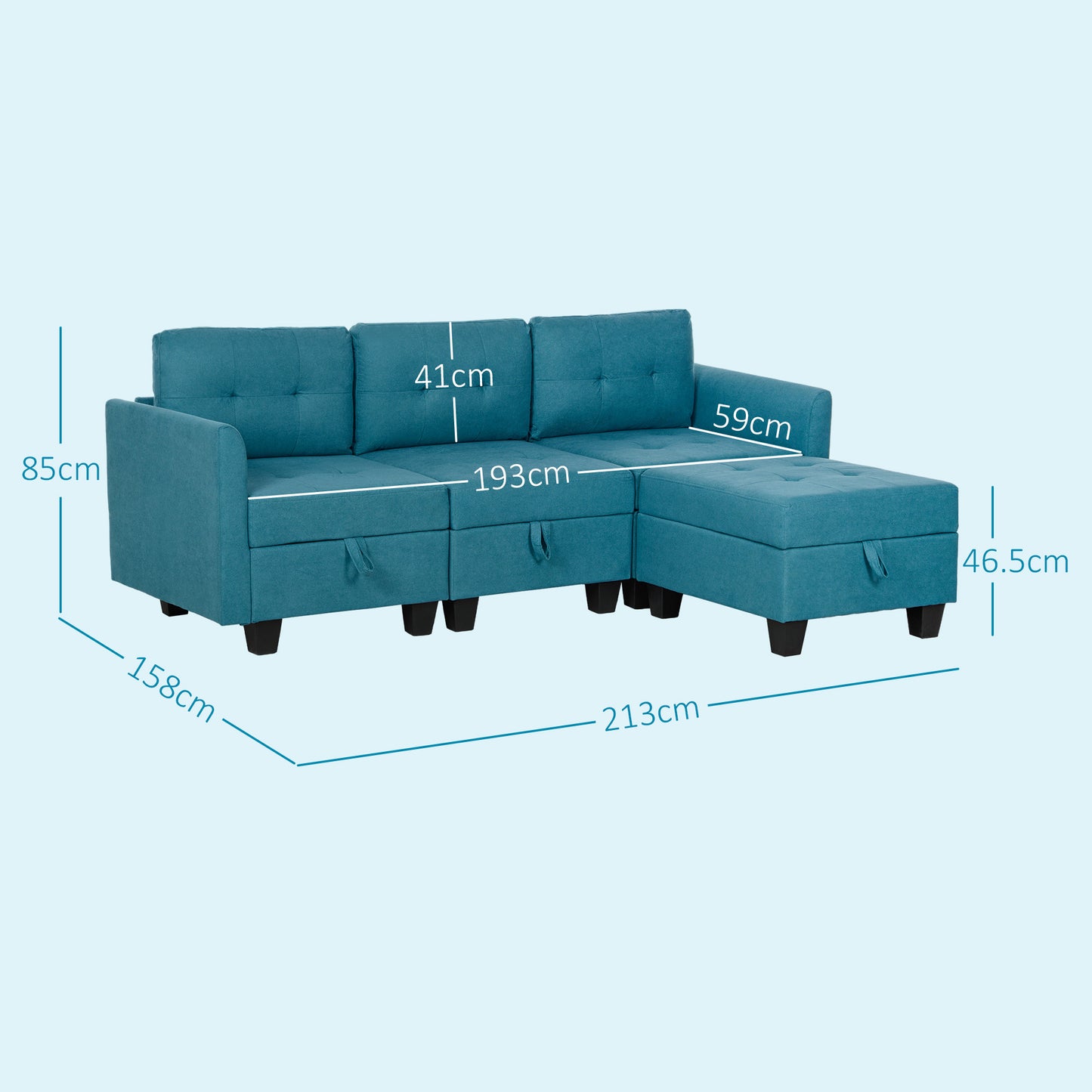 Torono Light Blue Upholstered Modular L Shaped Sofa With Built In Storage