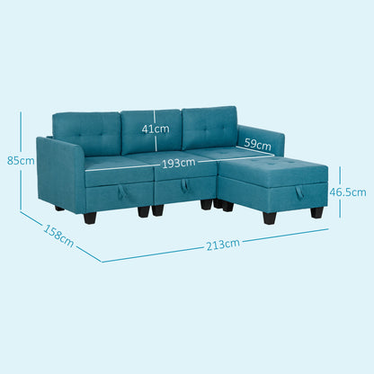 Torono Light Blue Upholstered Modular L Shaped Sofa With Built In Storage