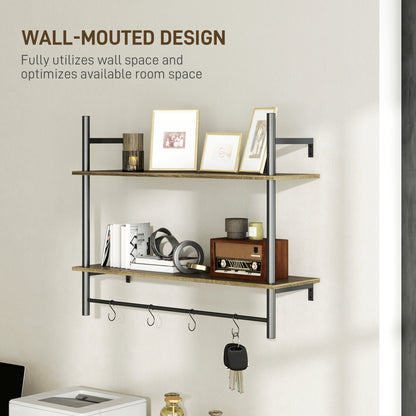 Vimoso Wood Grey Wall Mounted Floating Shelves With 4 Hooks For Entryway And Living Space