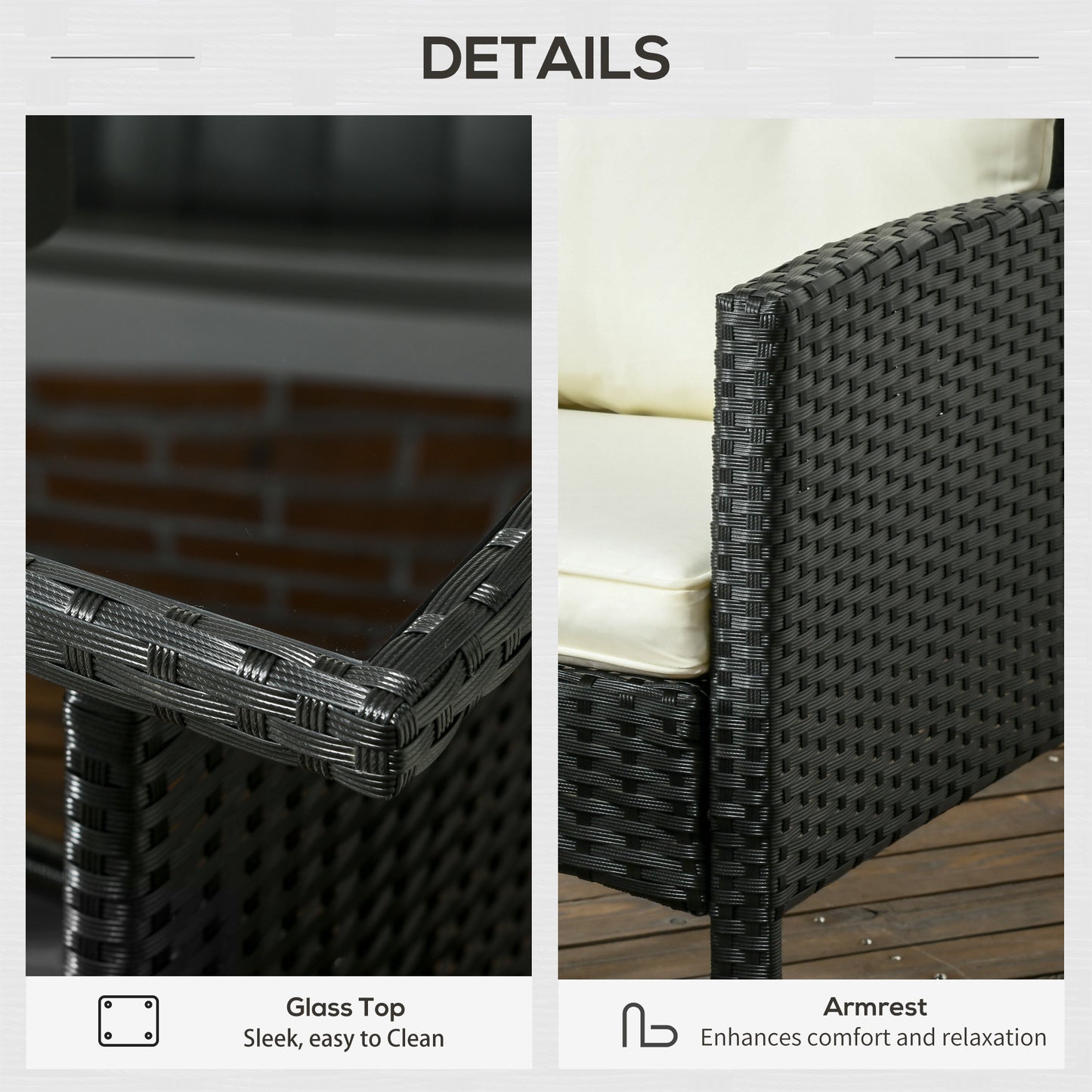 Coma 7 Seater Black and White Rattan Garden Sofa Set With Armchairs Footstools And Glass Dining Table