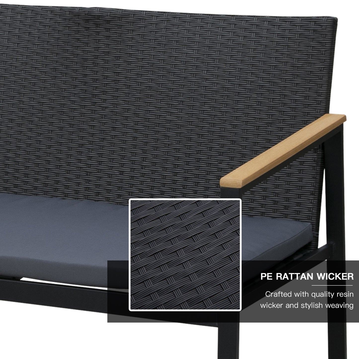 Rasedo Rattan Black 4 Seater Outdoor Sofa Set With Loveseat Armchairs Glass and Coffee Table