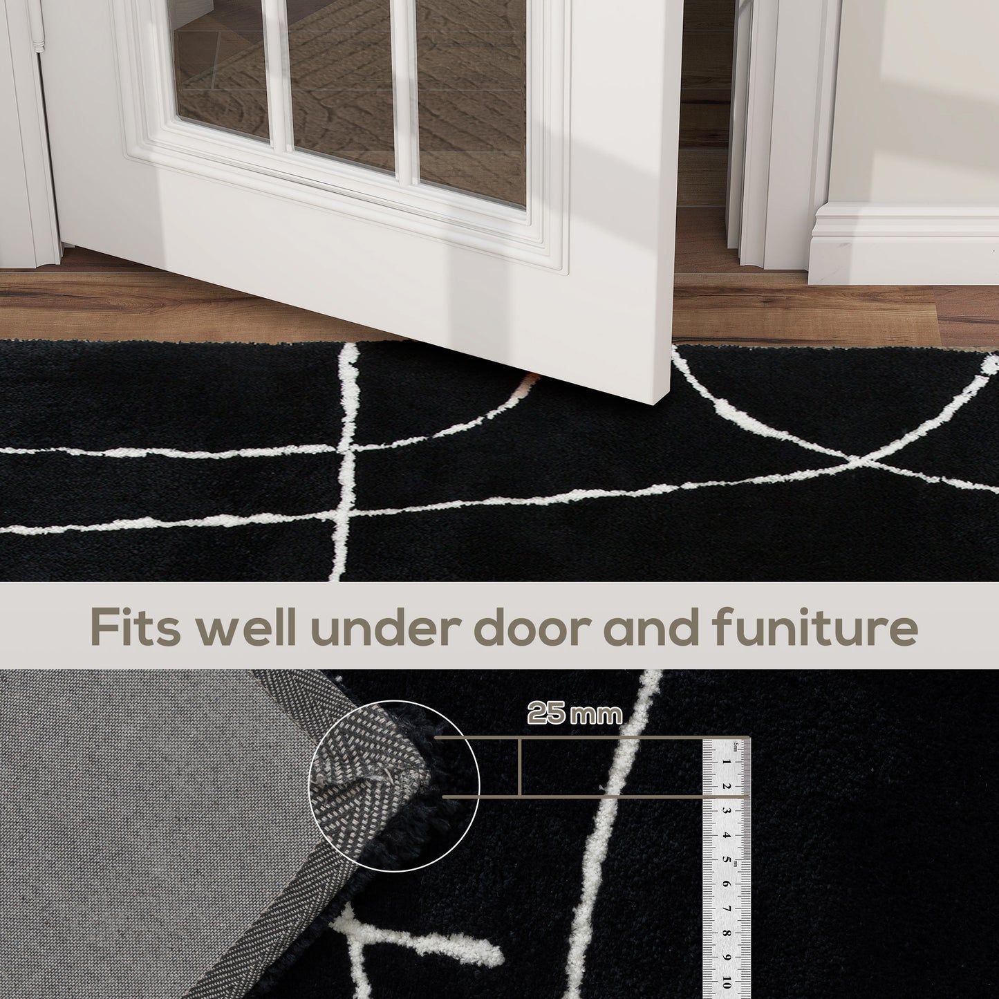 Eldi Black and White Fluffy High Pile Geometric Rug 170 x 120cm