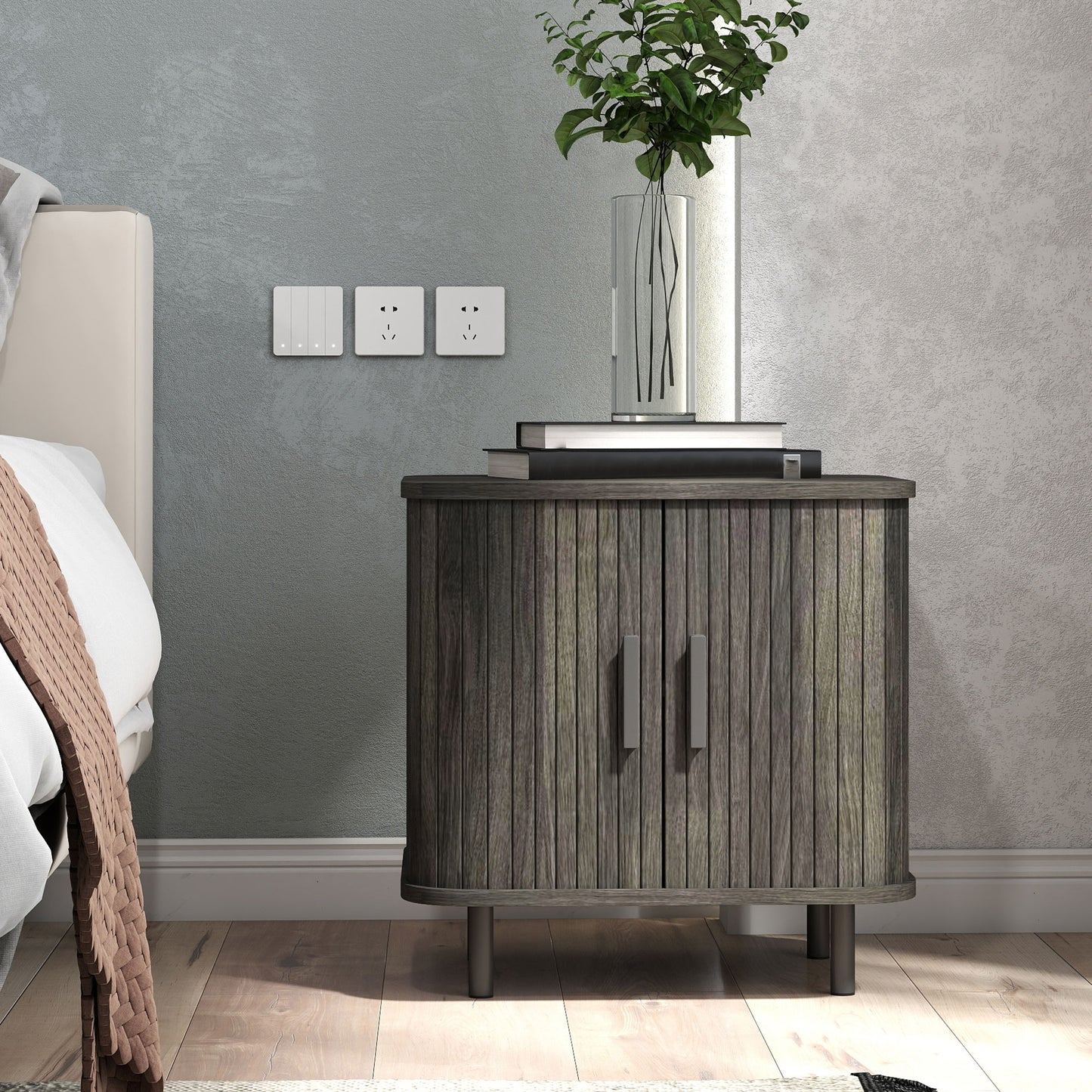 Pasaba Grey Nordic Bedside Table With Tambour Sliding Door And Metal Legs