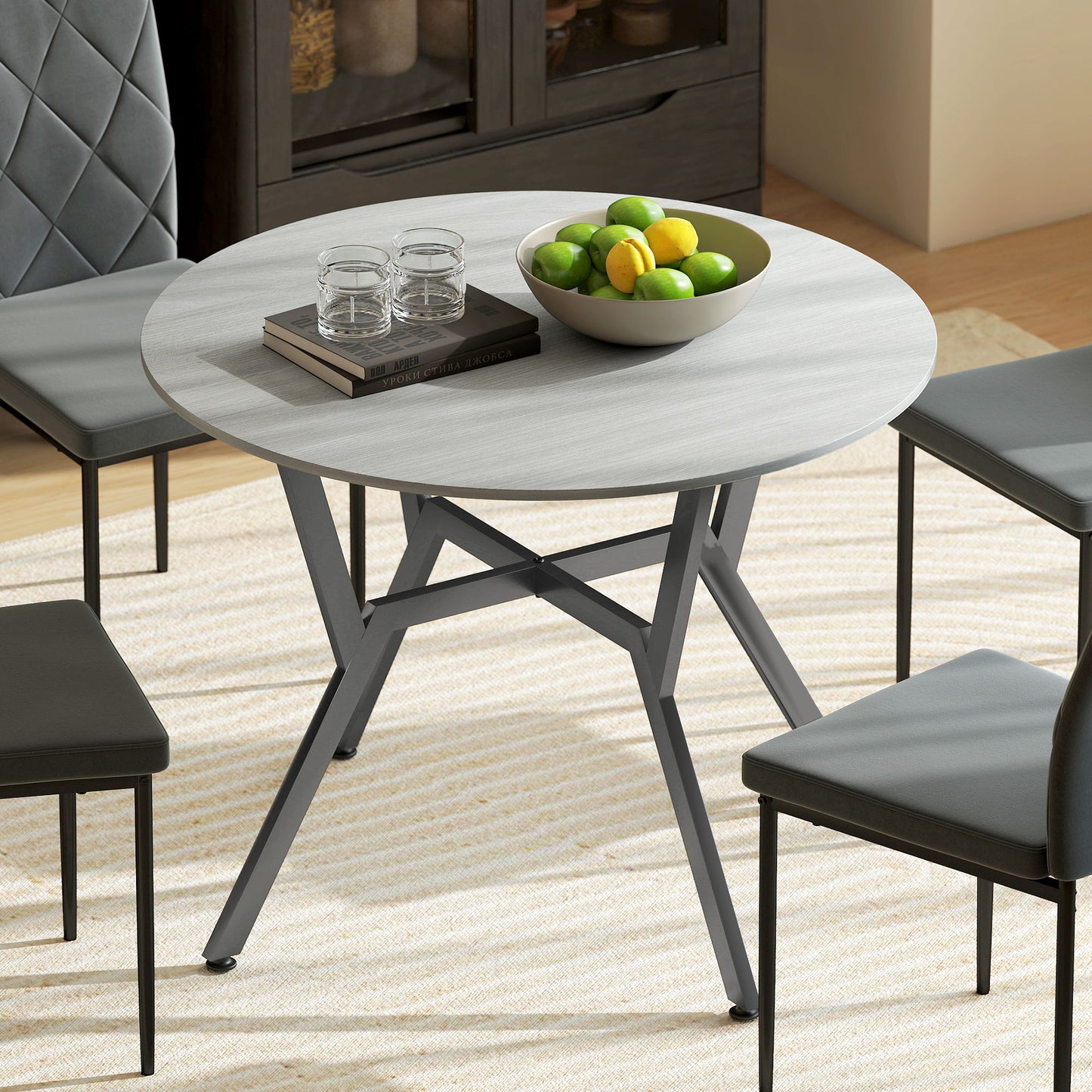 Donato Ziva Grey Round Dining Table With Black Metal Legs And Anti Slip Feet 90cm