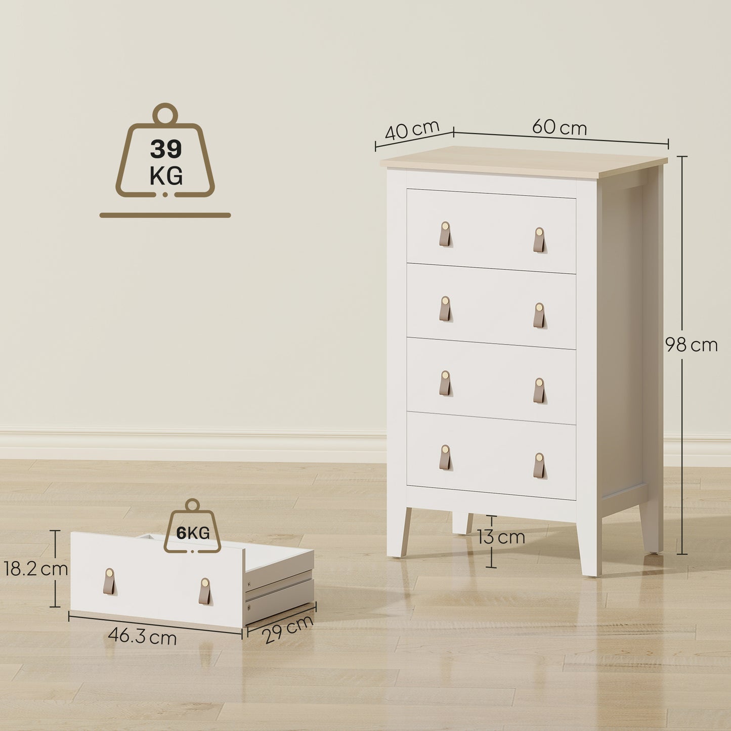Rasusa Metal And Wood White 4 Drawer Modern Storage Chest With Faux Leather Handles 60 x 40 x 98 cm