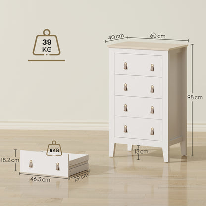 Rasusa Metal And Wood White 4 Drawer Modern Storage Chest With Faux Leather Handles 60 x 40 x 98 cm