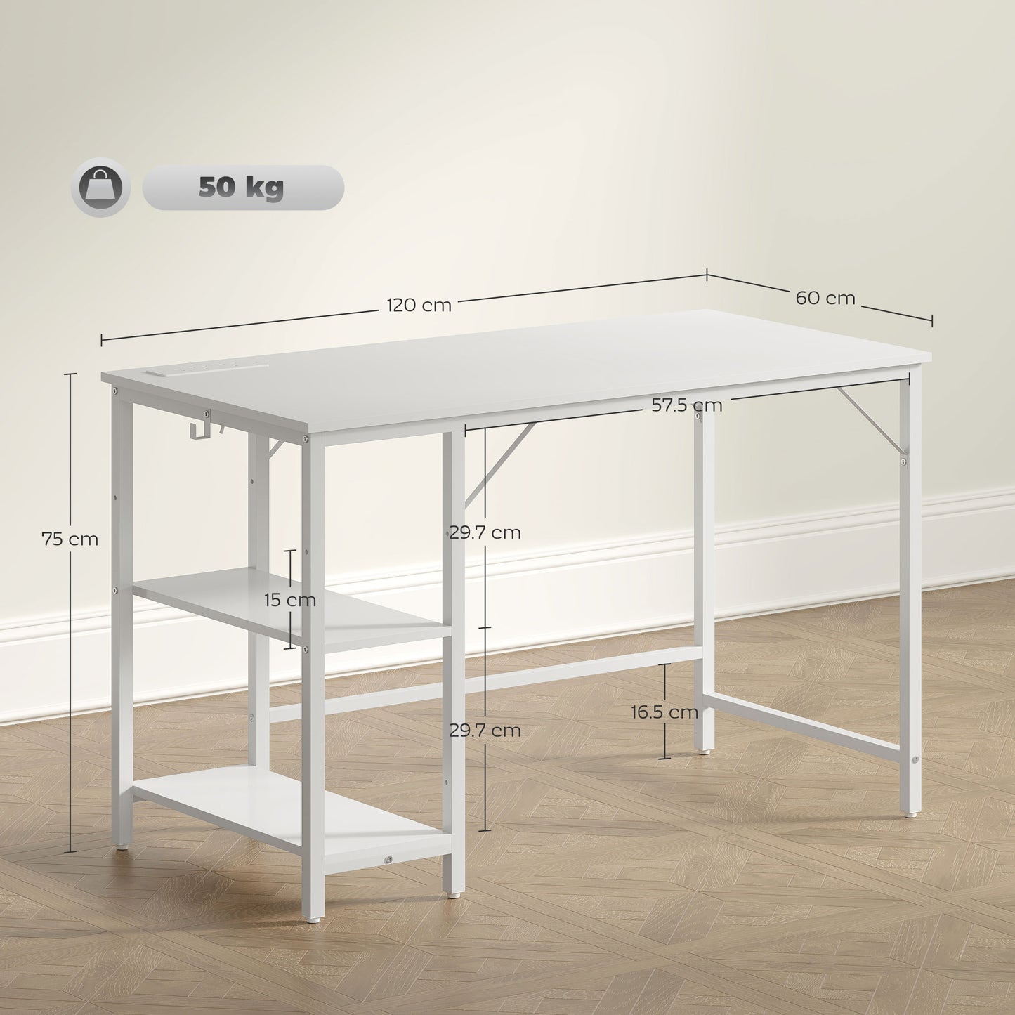 Vima 120cm White Home Office Desk With Integrated Power Sockets