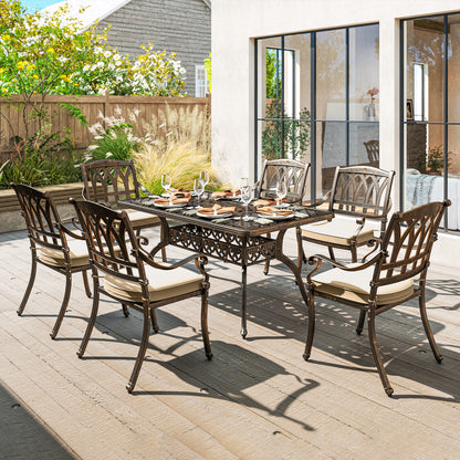 Dilara 6 Seater Bronze Cast Aluminium Garden Dining Set Rectangle Table Parasol Hole