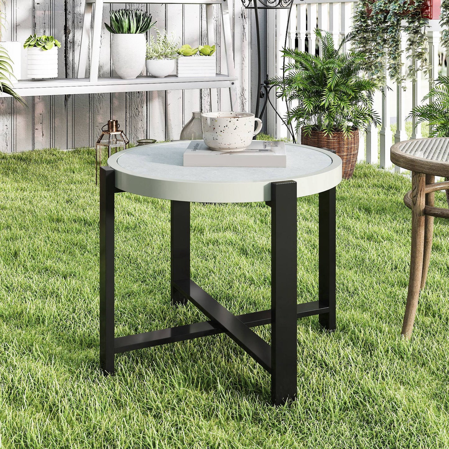 Linado Aluminium Light Grey Round Outdoor Side Table With Marble Effect Glass Top