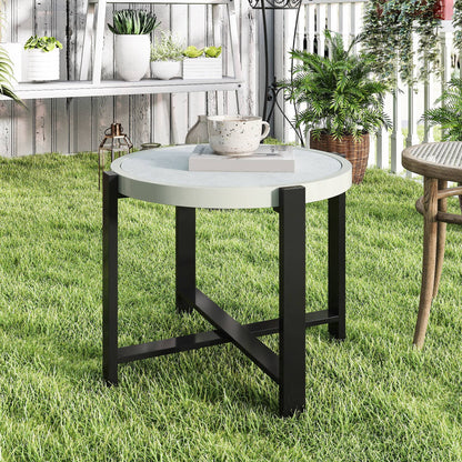 Linado Aluminium Light Grey Round Outdoor Side Table With Marble Effect Glass Top