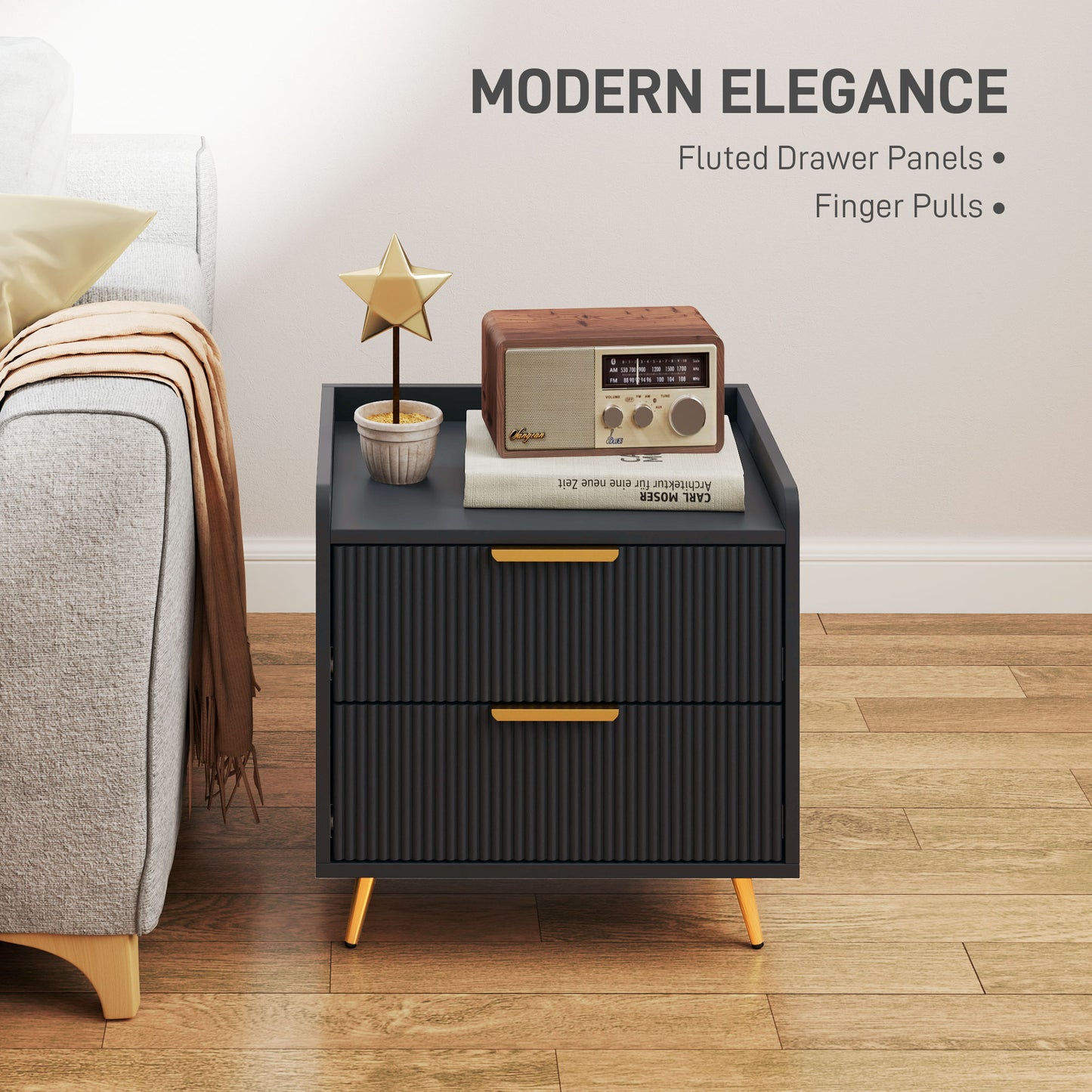 Veha Black Set Of 2 Elegant Ribbed 2 Drawer Bedside Tables Gold Handles