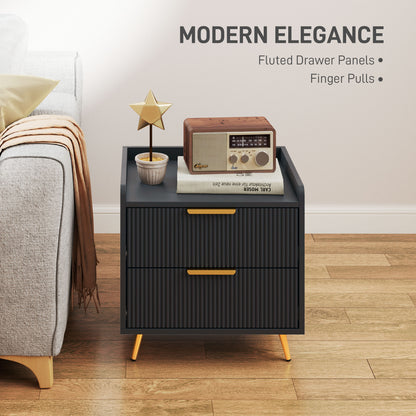 Veha Black Set Of 2 Elegant Ribbed 2 Drawer Bedside Tables Gold Handles