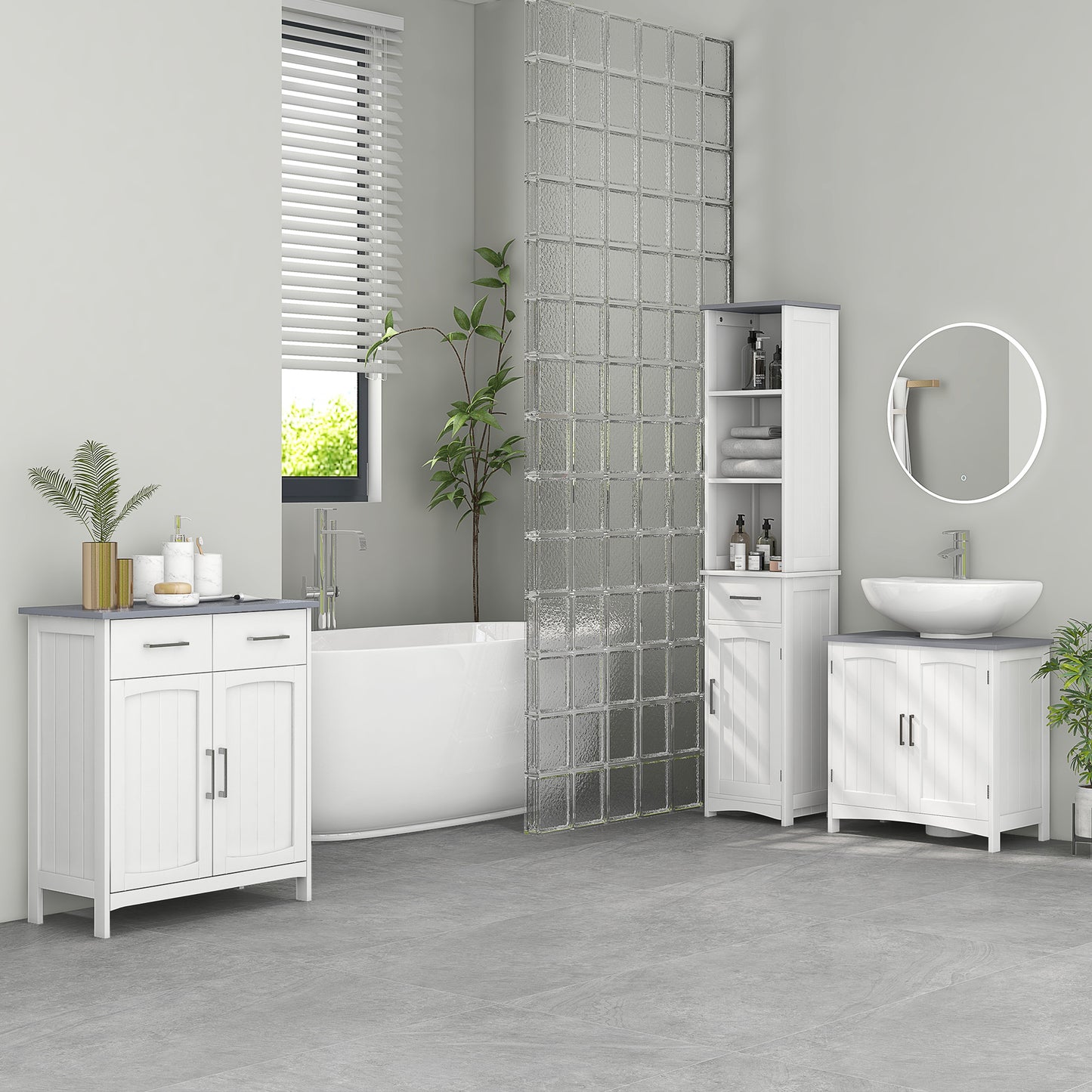 Maraneri Bathroom Furniture Set With Tall Cabinet Floor Storage Drawers And Pedestal Sink Unit White