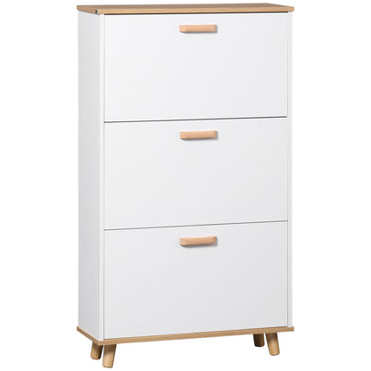 Ellora Lera Wooden White and Natural Slim Shoe Cabinet With 3 Flip Drawers For 12 Pairs