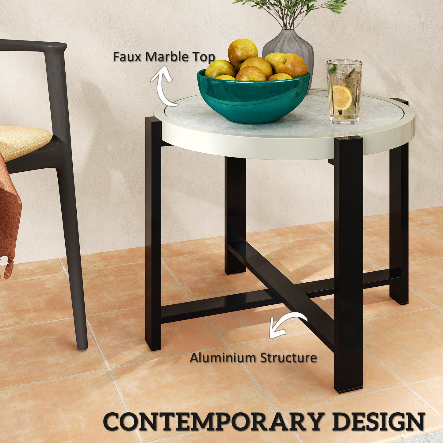 Linado Aluminium Light Grey Round Outdoor Side Table With Marble Effect Glass Top