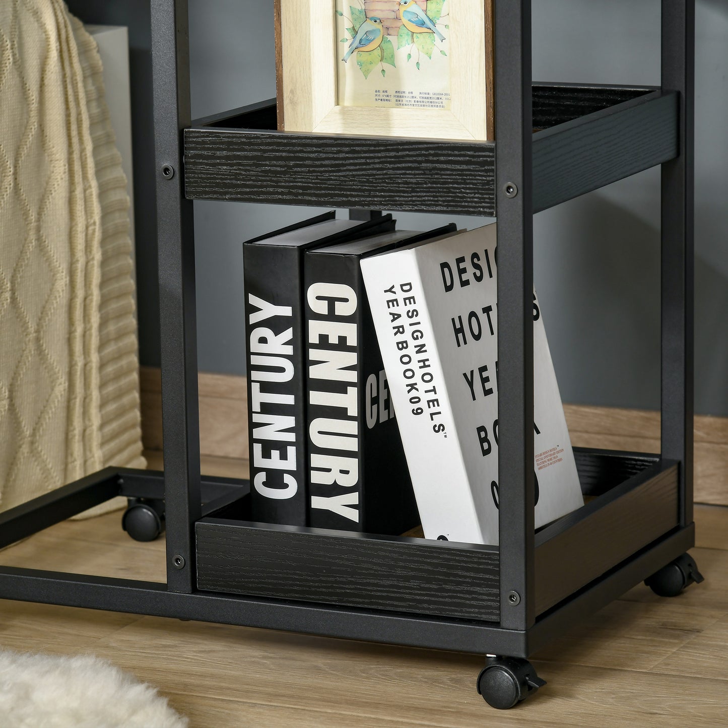 Lufaro Set Of 2 Mobile C Shaped Side Tables With Locking Wheels Metal And Wooden Dark Brown