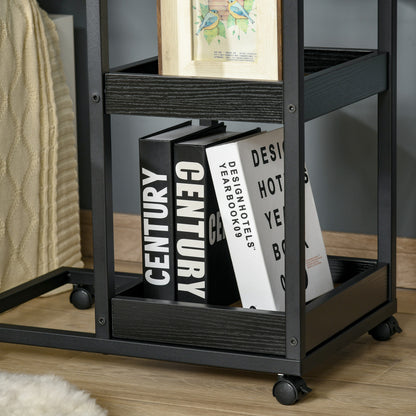 Lufaro Set Of 2 Mobile C Shaped Side Tables With Locking Wheels Metal And Wooden Dark Brown
