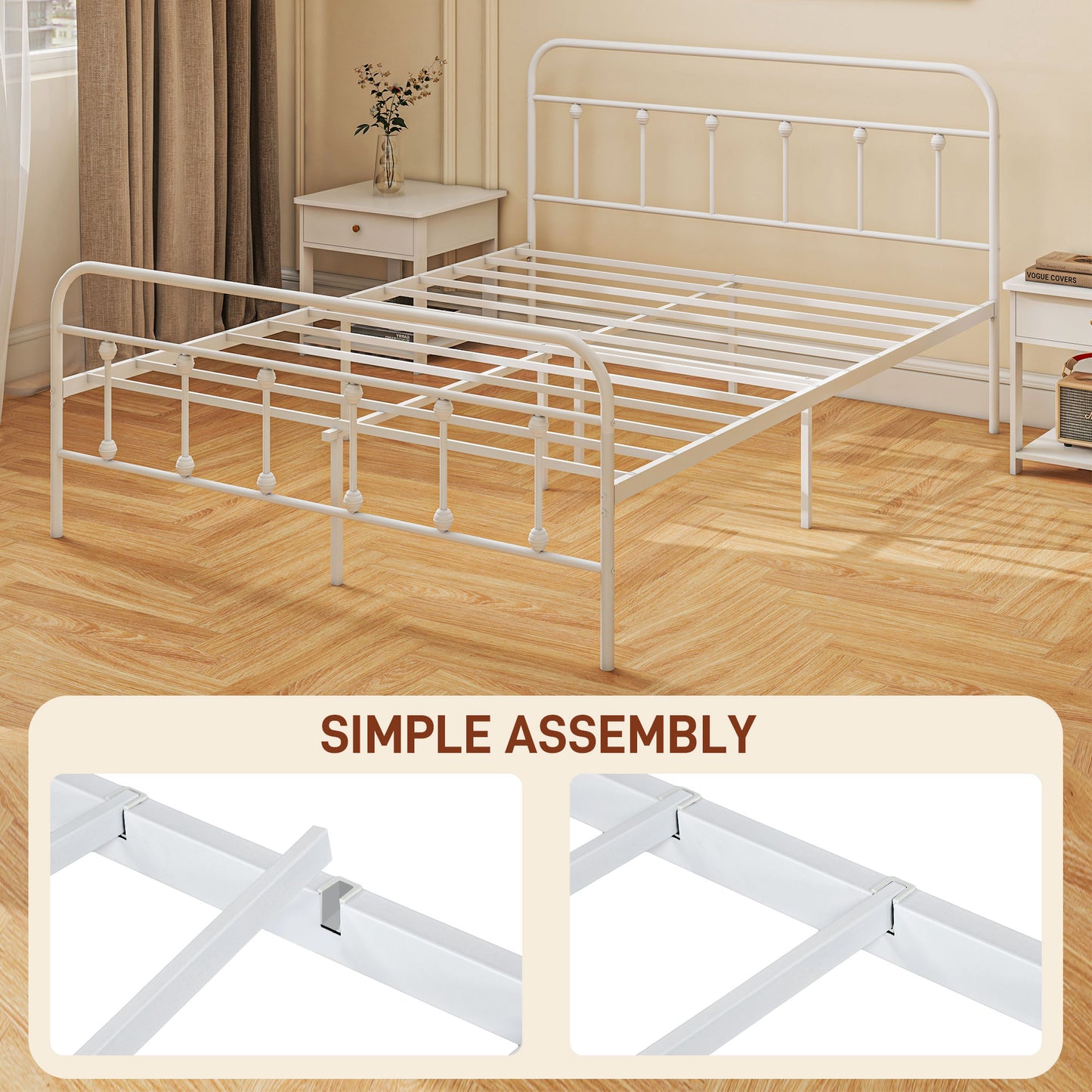 Keli 4FT6 White Metal Minimalist Double Metal Bed Frame