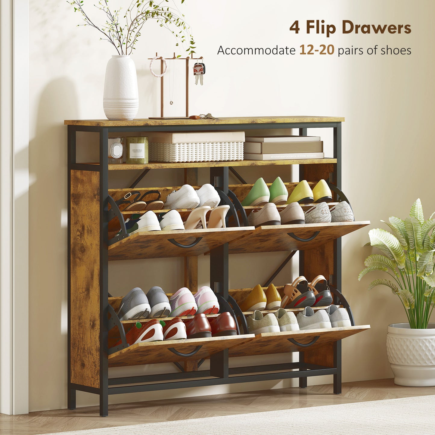 Vebael Wooden Rustic Brown Shoe Cabinet With 4 Flip Drawers And Shelf