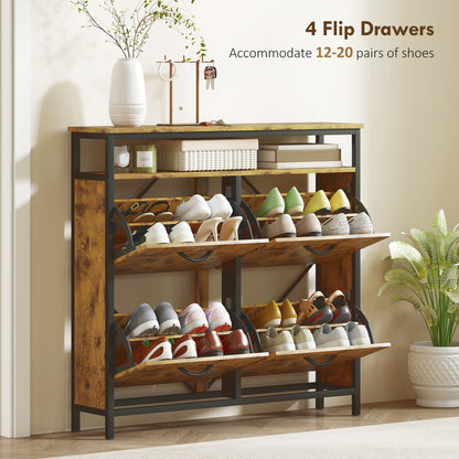 Vebael Wooden Rustic Brown Shoe Cabinet With 4 Flip Drawers And Shelf