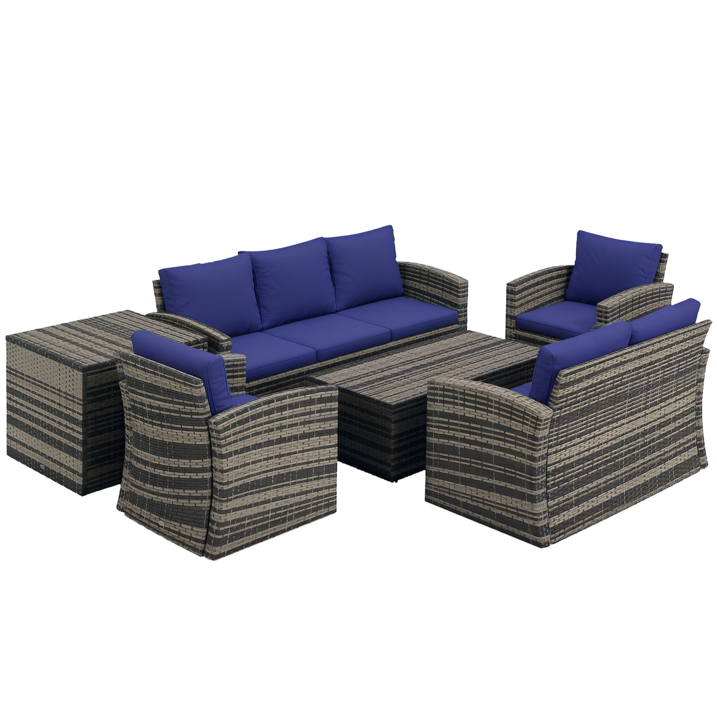Resuno Grey Rattan Navy Blue 7 Seater Outdoor Sofa Set With Storage Tables