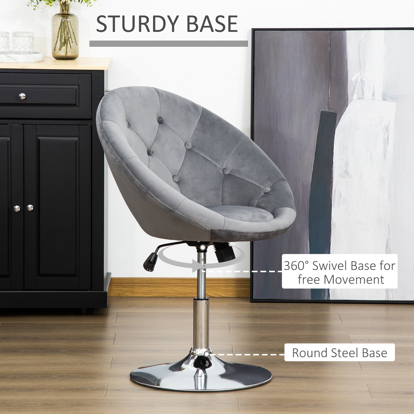 Vefi Fabric Grey Adjustable Velvet Vanity Stool With Tufted Seat And Swivel Base