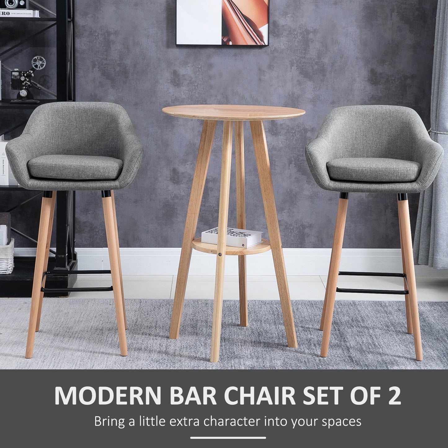 Nonozzi Fabric Grey Upholstered Bar Chairs Set Of 2 With Solid Wood Legs And Metal Frame
