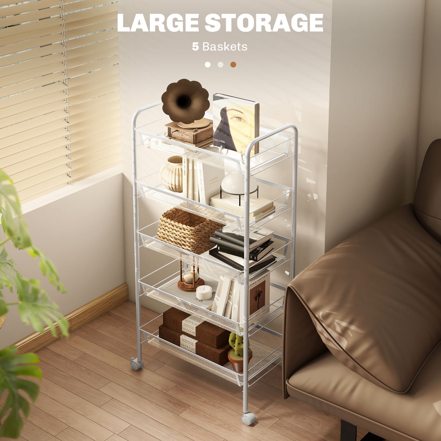 Visovi Metal White 5 Basket Steel Storage Trolley With Wheels