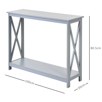 Reluba Wooden Grey X Frame Console Table With Bottom Shelf For Hallway