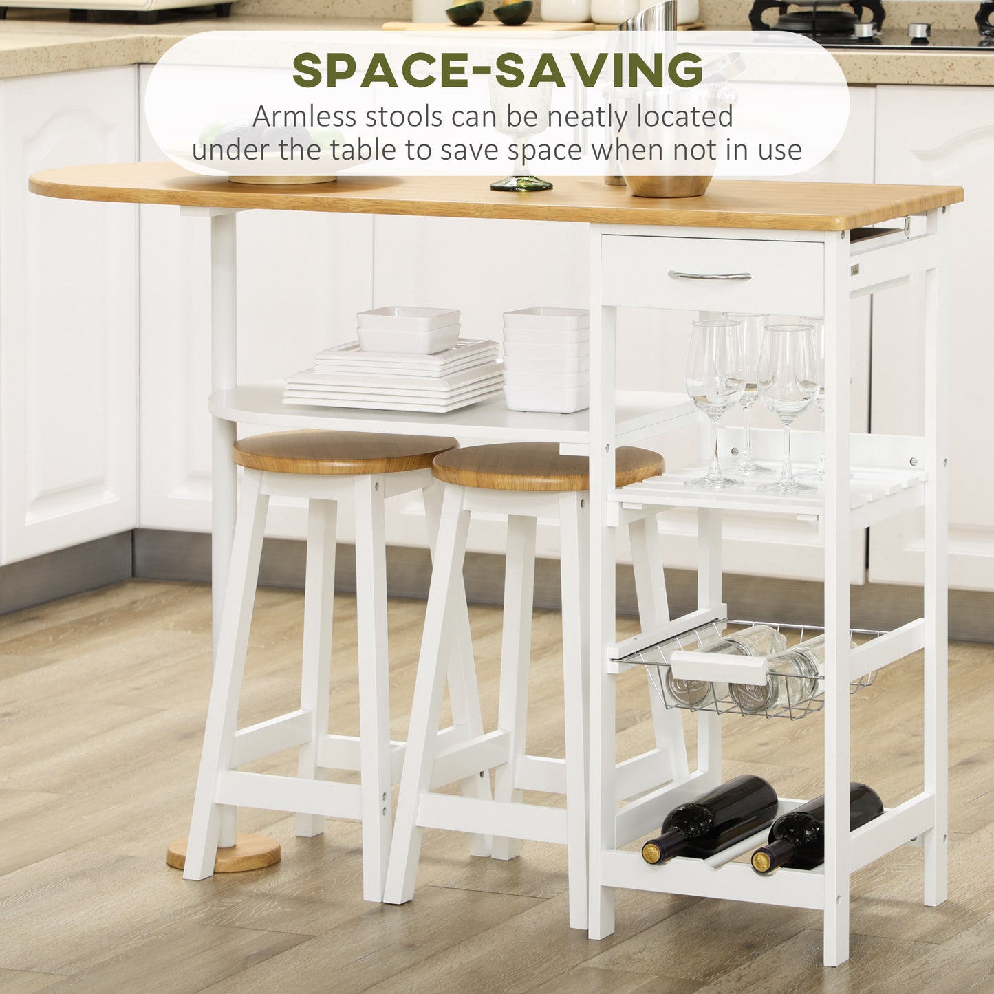 Zipa Wooden Natural And White 3 Piece Breakfast Bar Set With Storage And Wine Rack