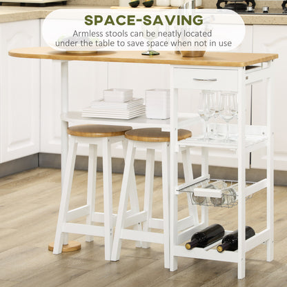 Zipa Wooden Natural And White 3 Piece Breakfast Bar Set With Storage And Wine Rack