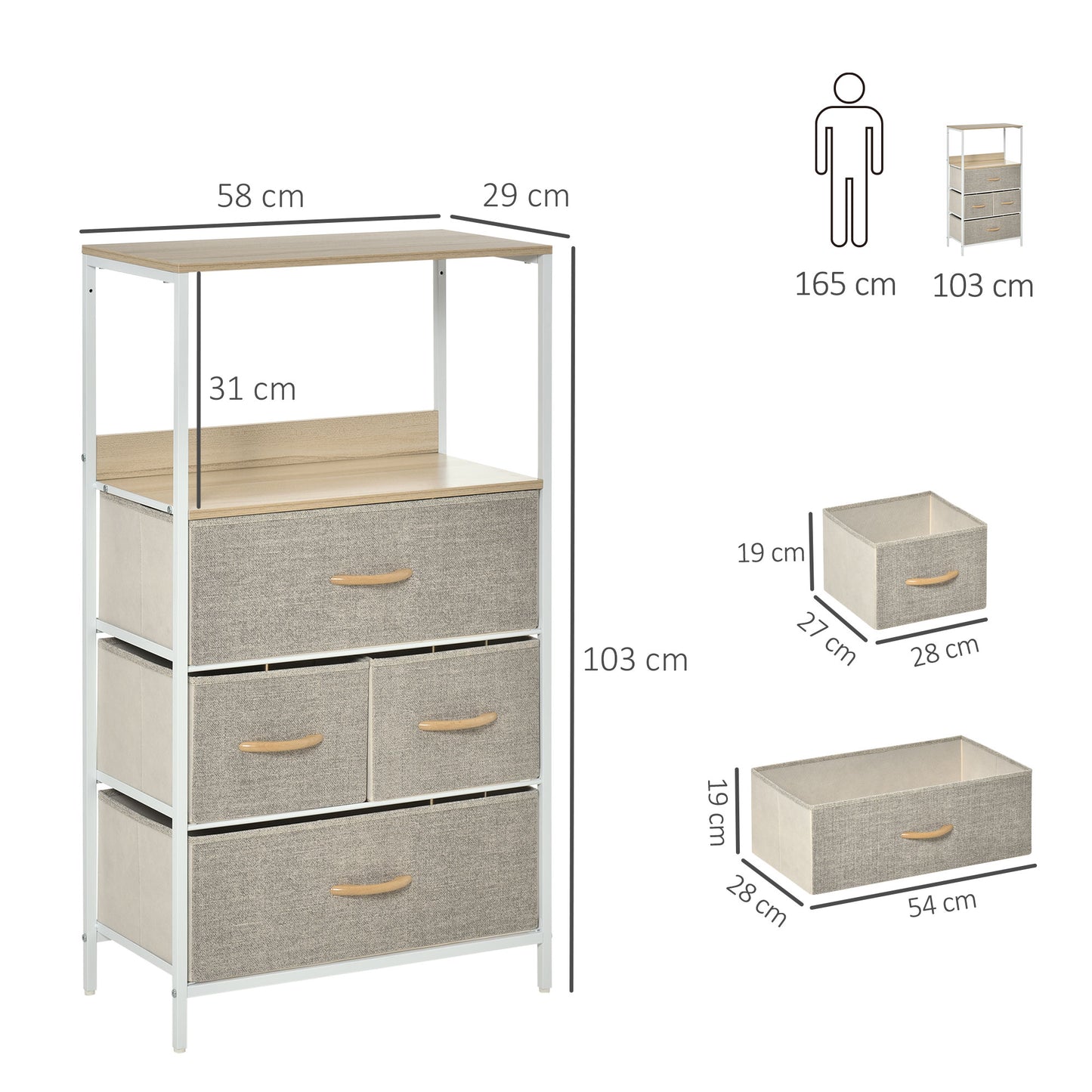 Bafadima Wooden Light Grey 4 Fabric Storage Drawers Chest With Open Shelves