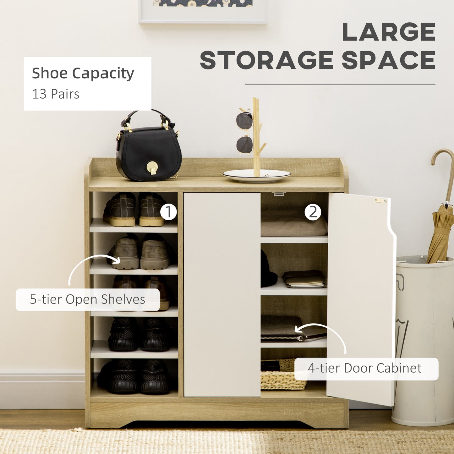Nopaba Wooden Natural And White Shoe Cabinet With Double Doors And Shelves For 13 Pairs