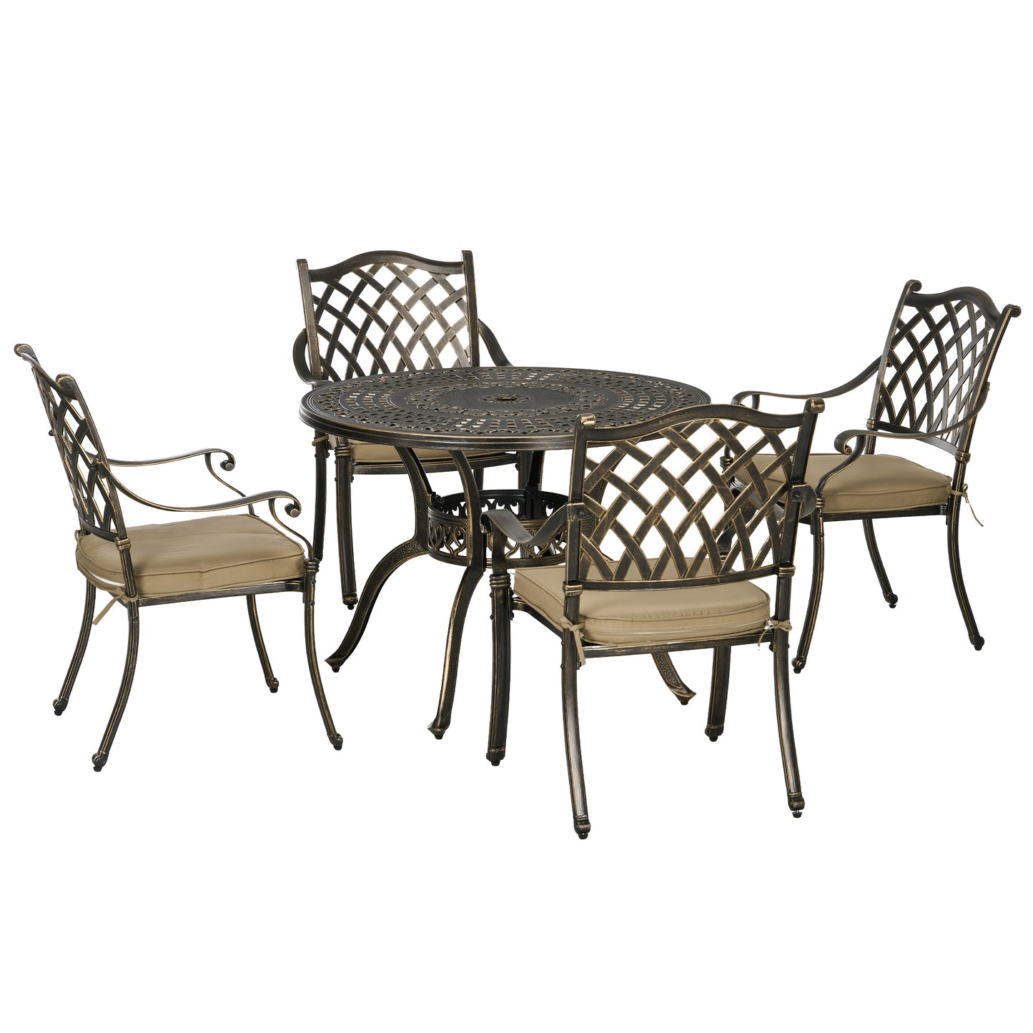 Nera Cast Aluminium Bronze 4 Seater Outdoor Dining Set With Cushions And Round Table