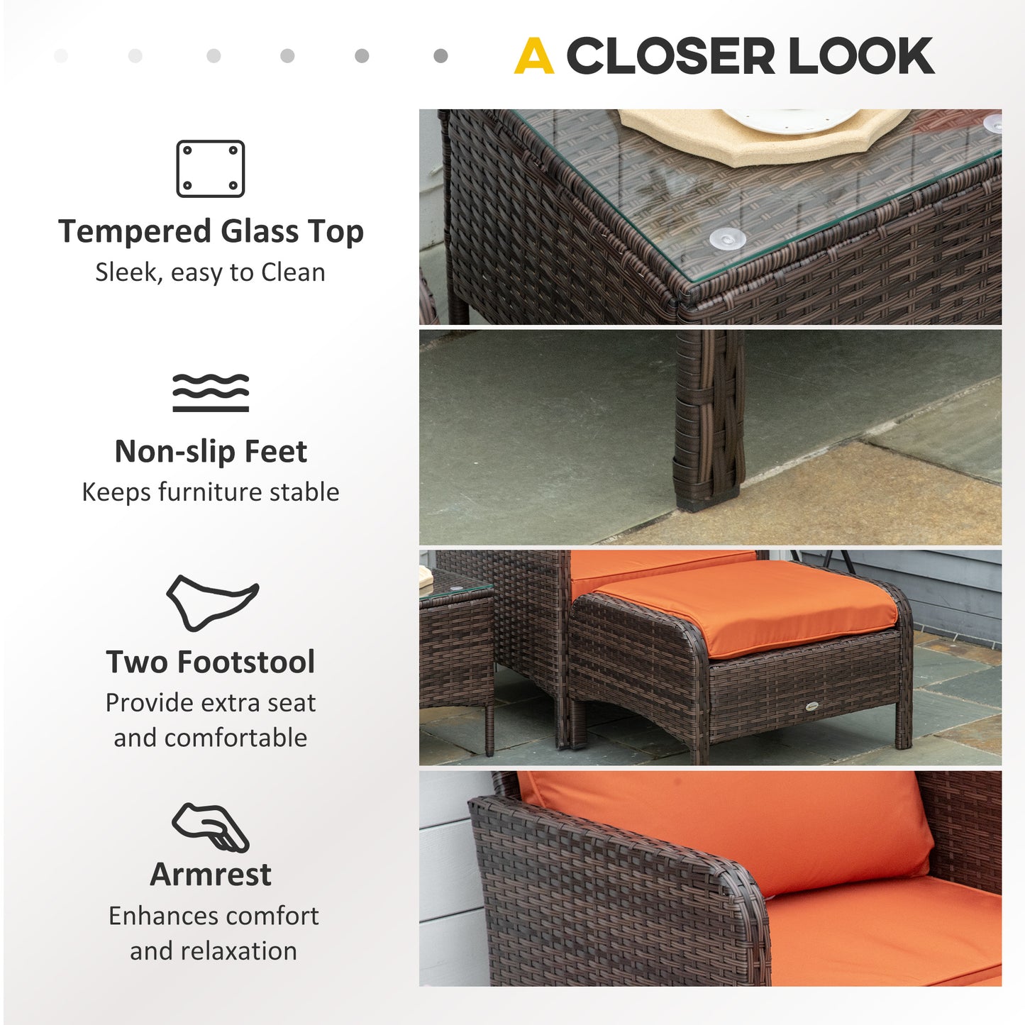 Moto Brown Faux Rattan 5 Piece Outdoor Bistro Set with Orange Cushions Stools And Glass Table