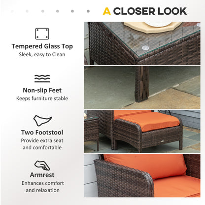 Moto Brown Faux Rattan 5 Piece Outdoor Bistro Set with Orange Cushions Stools And Glass Table