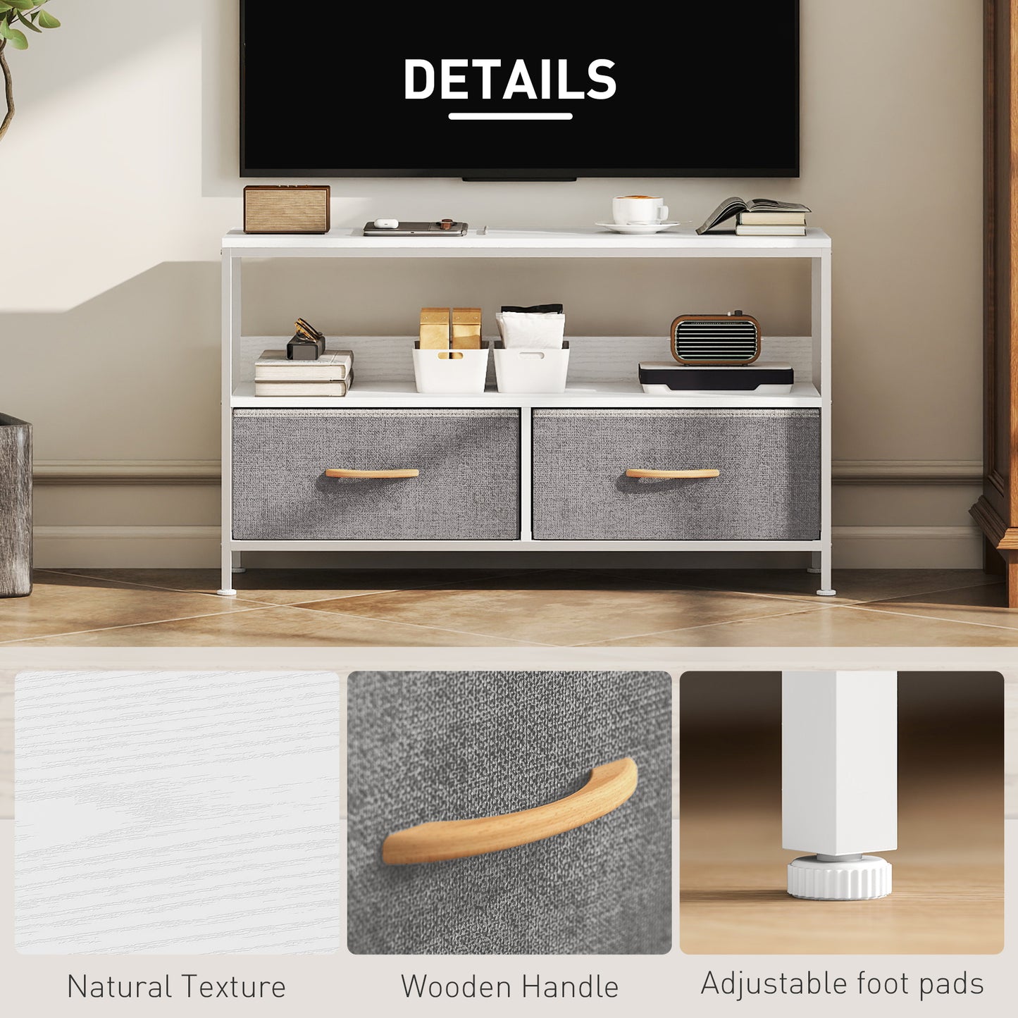 Avavale 98cm White TV Storage Unit With 2 Fold Down Fabric Drawers
