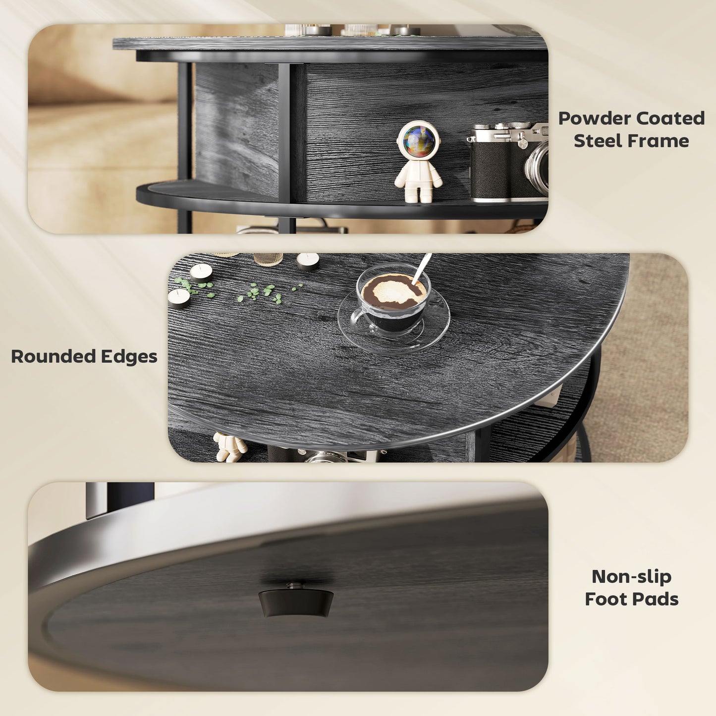 Diha Metal And Wooden Dark Grey Round Lift Top Coffee Table With Hidden Storage