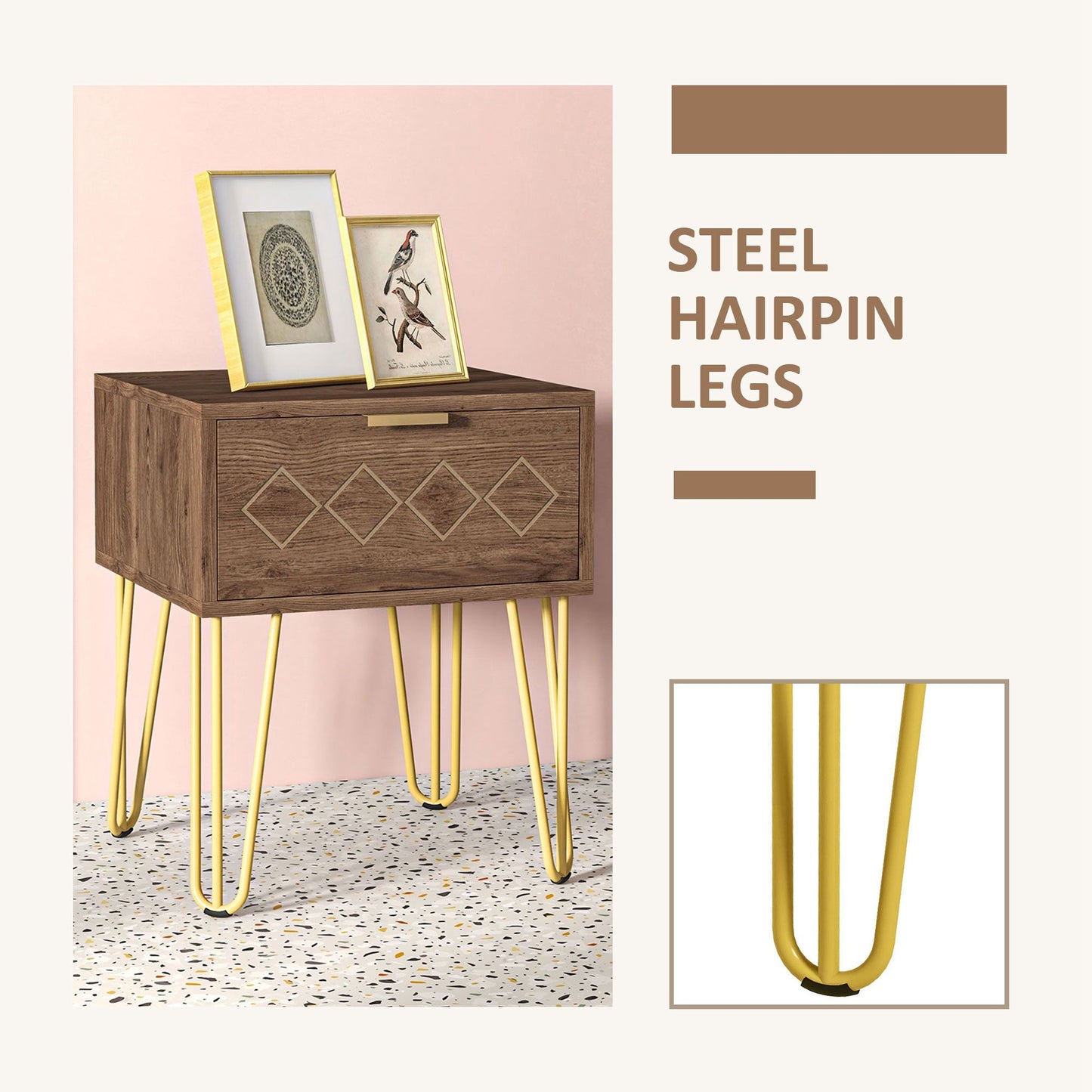 Keso Wooden And Metal Set Of 2 Bedside Tables With Drawers And Gold Tone Legs