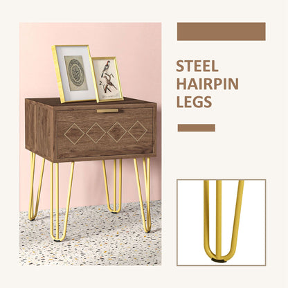 Keso Wooden And Metal Set Of 2 Bedside Tables With Drawers And Gold Tone Legs