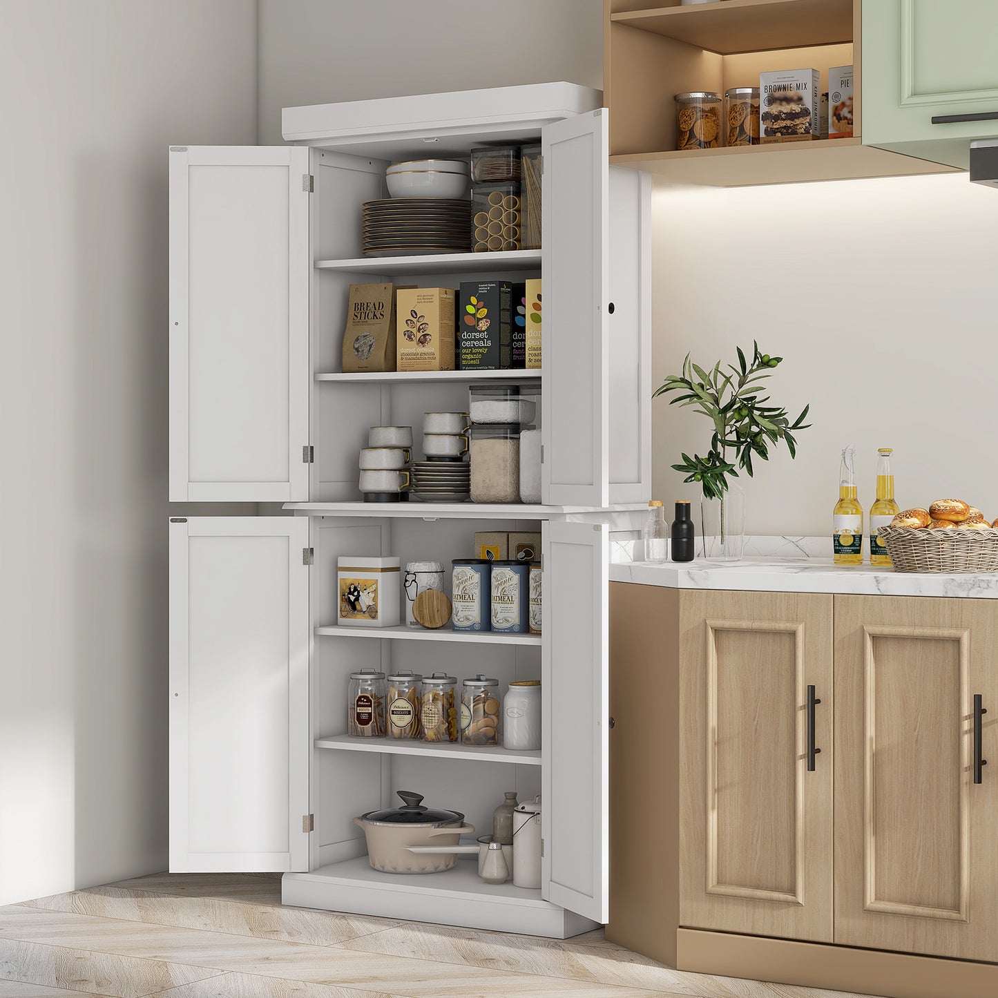 Varofa Wooden White Freestanding Kitchen Cupboard With 4 Doors And 6 Tier Shelving