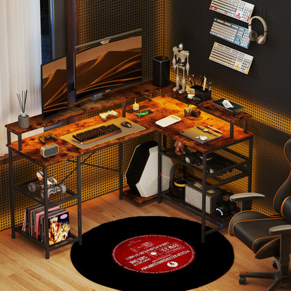Mosovi Brown L Shaped Desk With Built In LED Lighting And Shelves