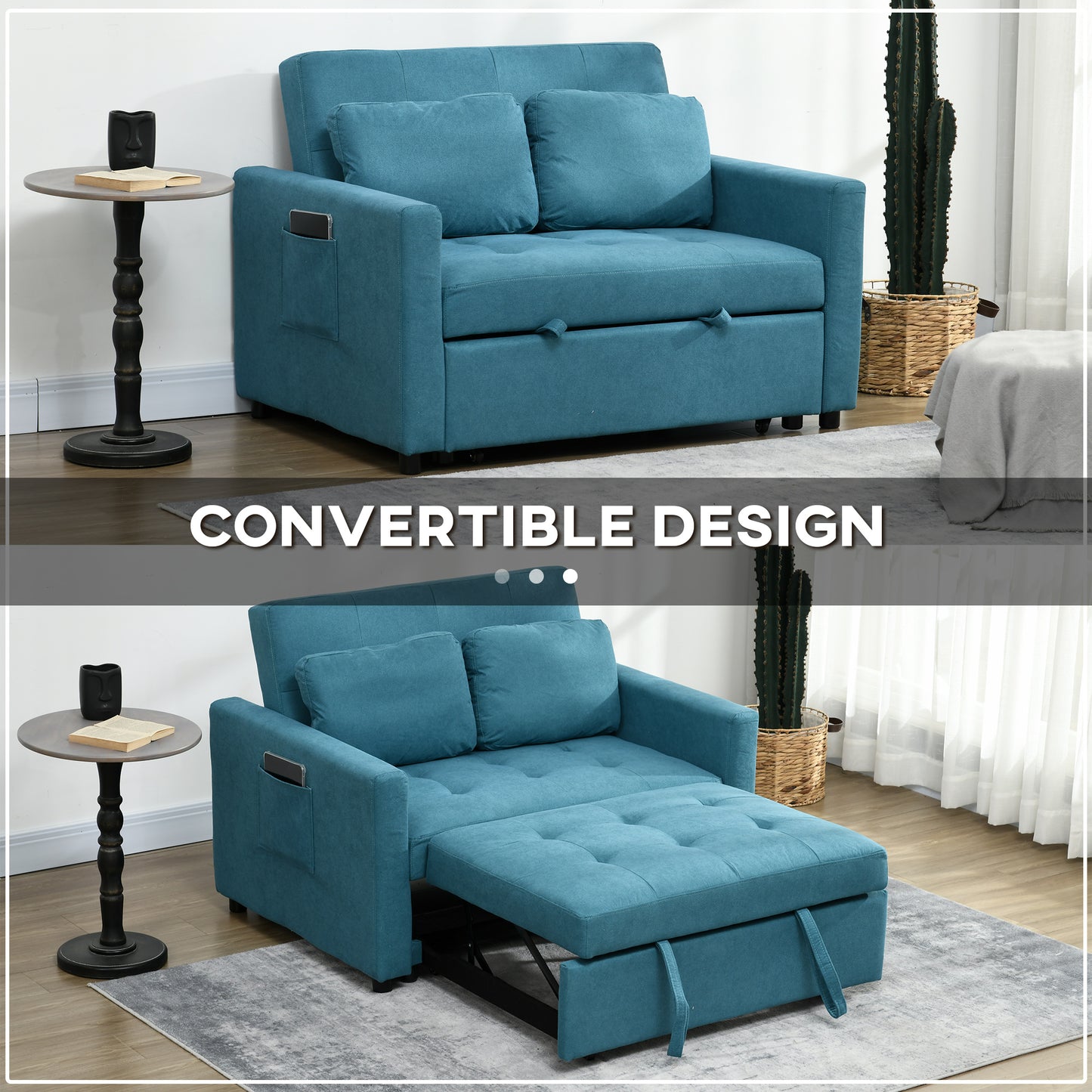 Codoha Kapa Fabric Blue 2 Seater Sofa Bed With Side Pockets And Cushions