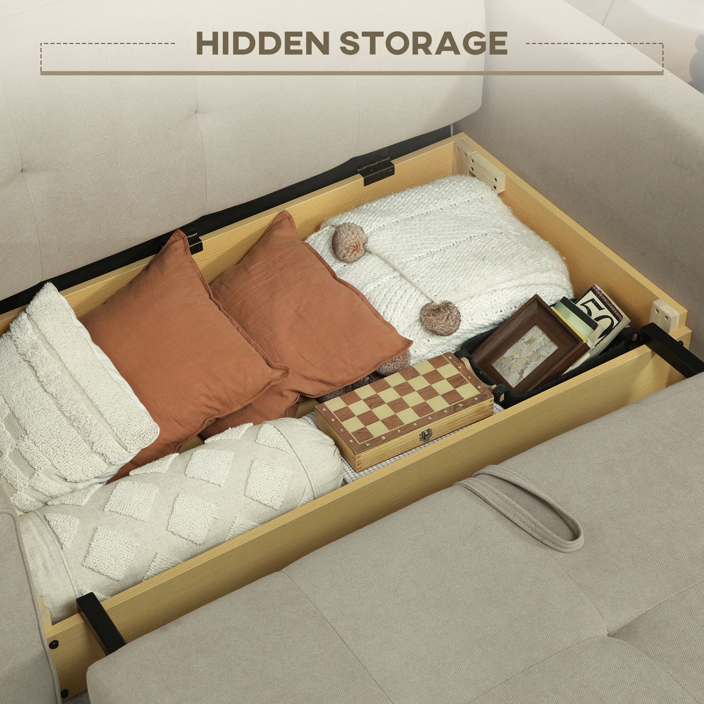 Paraco Snow Flannel Light Brown 2 Seater Pull Out Sofa Bed With Storage And Cushions