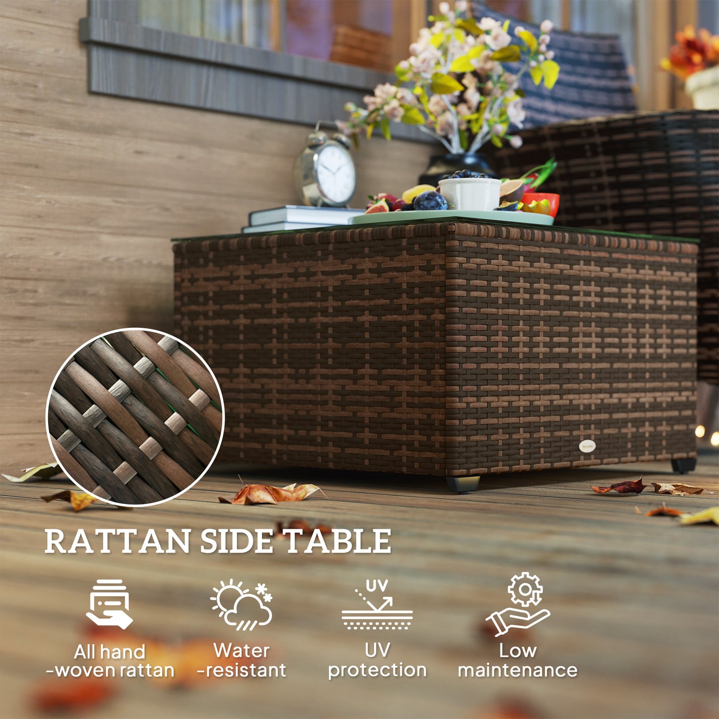 Nolone Brown Rattan Outdoor Glass Top Side Table