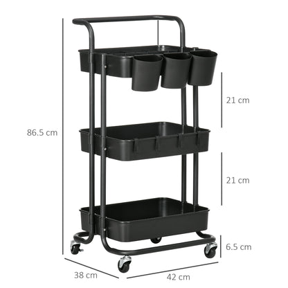 Nirelu Metal Black 3 Tier Home Trolley With Handle And Wheels