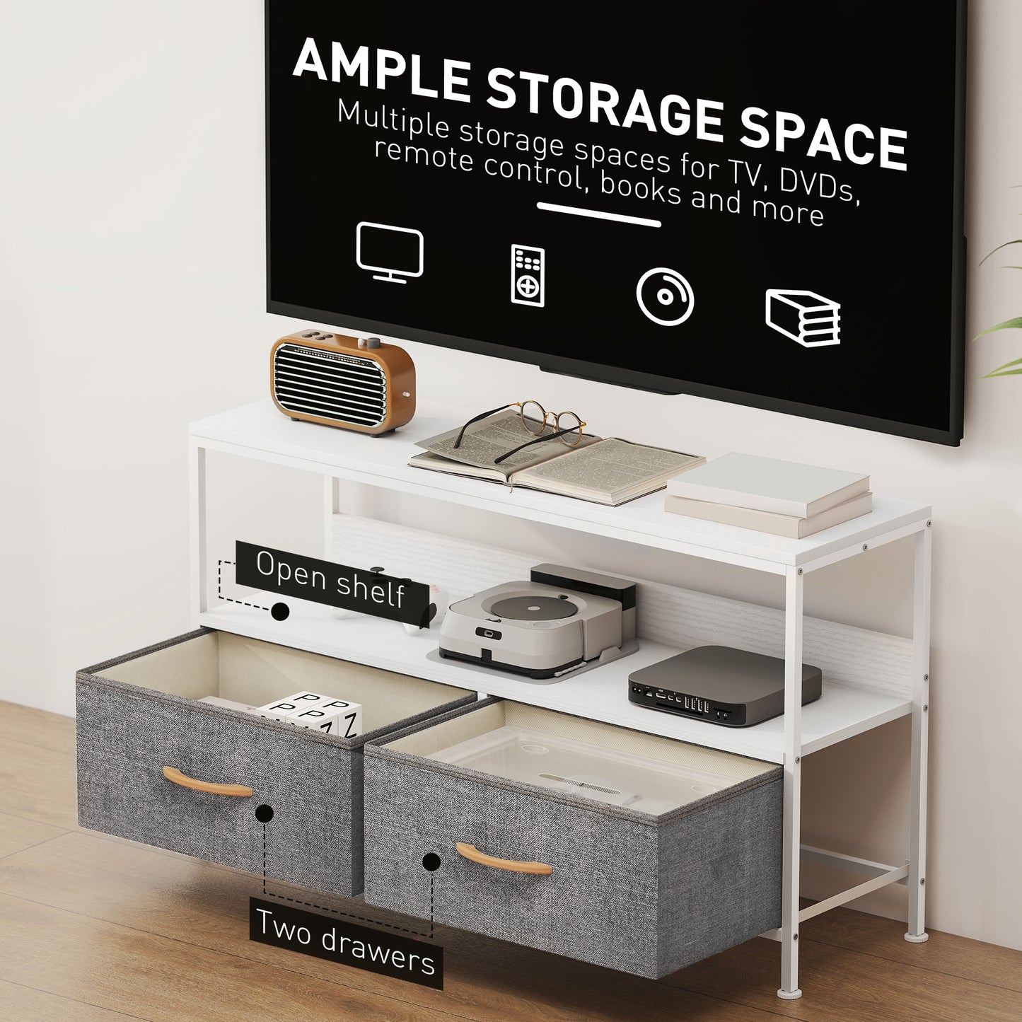 Avavale 98cm White TV Storage Unit With 2 Fold Down Fabric Drawers