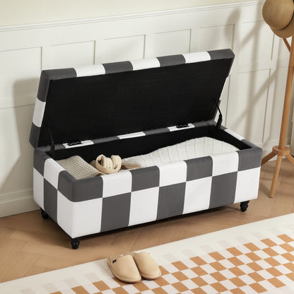 Susula Velvet Dark Grey And White Check Pattern Storage Bench With Wooden Legs